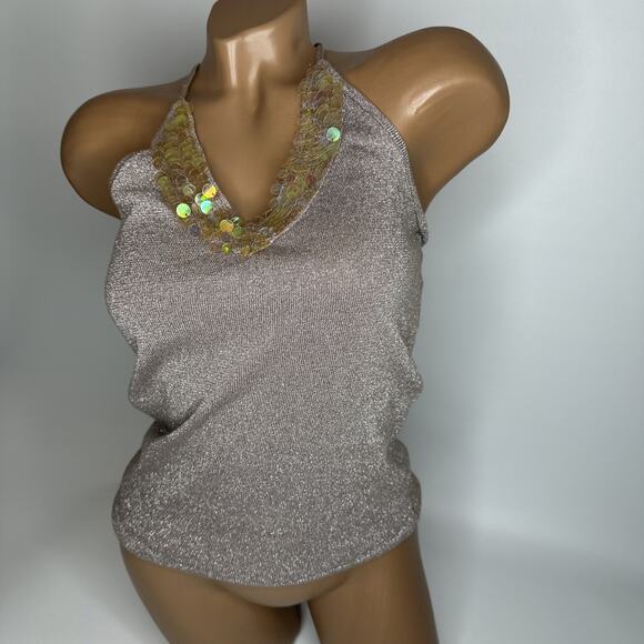 CKM Y2K Metallic Sequin Halter Top M Tie Neck Glitter Sparkle McBling Glam - Picture 13 of 13